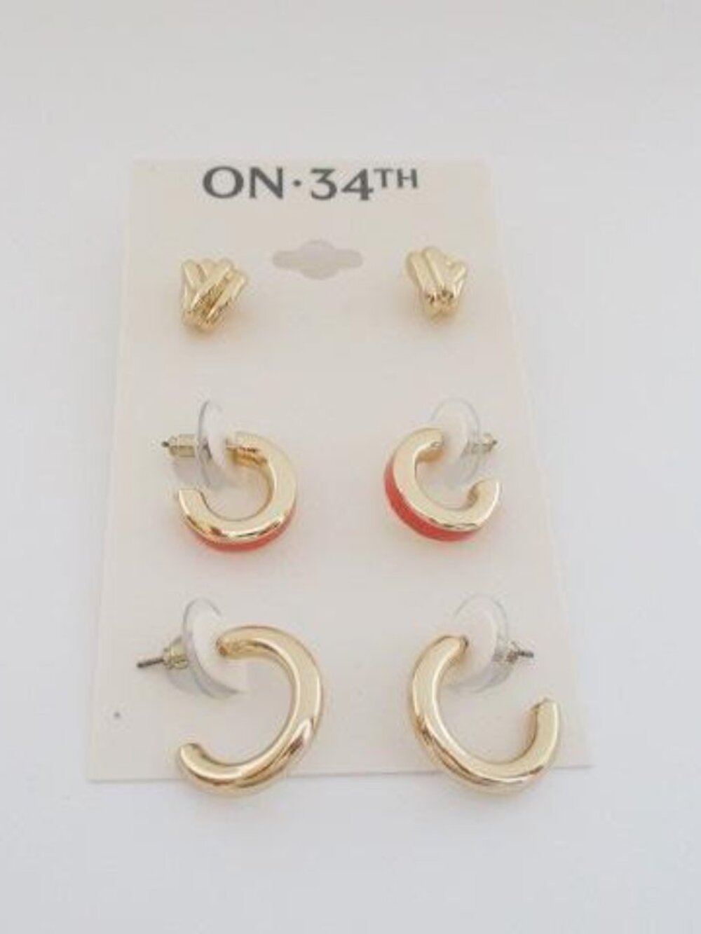 ON 34TH Gold Tone 3 Pair Hoop & Stud Earring Set NWT